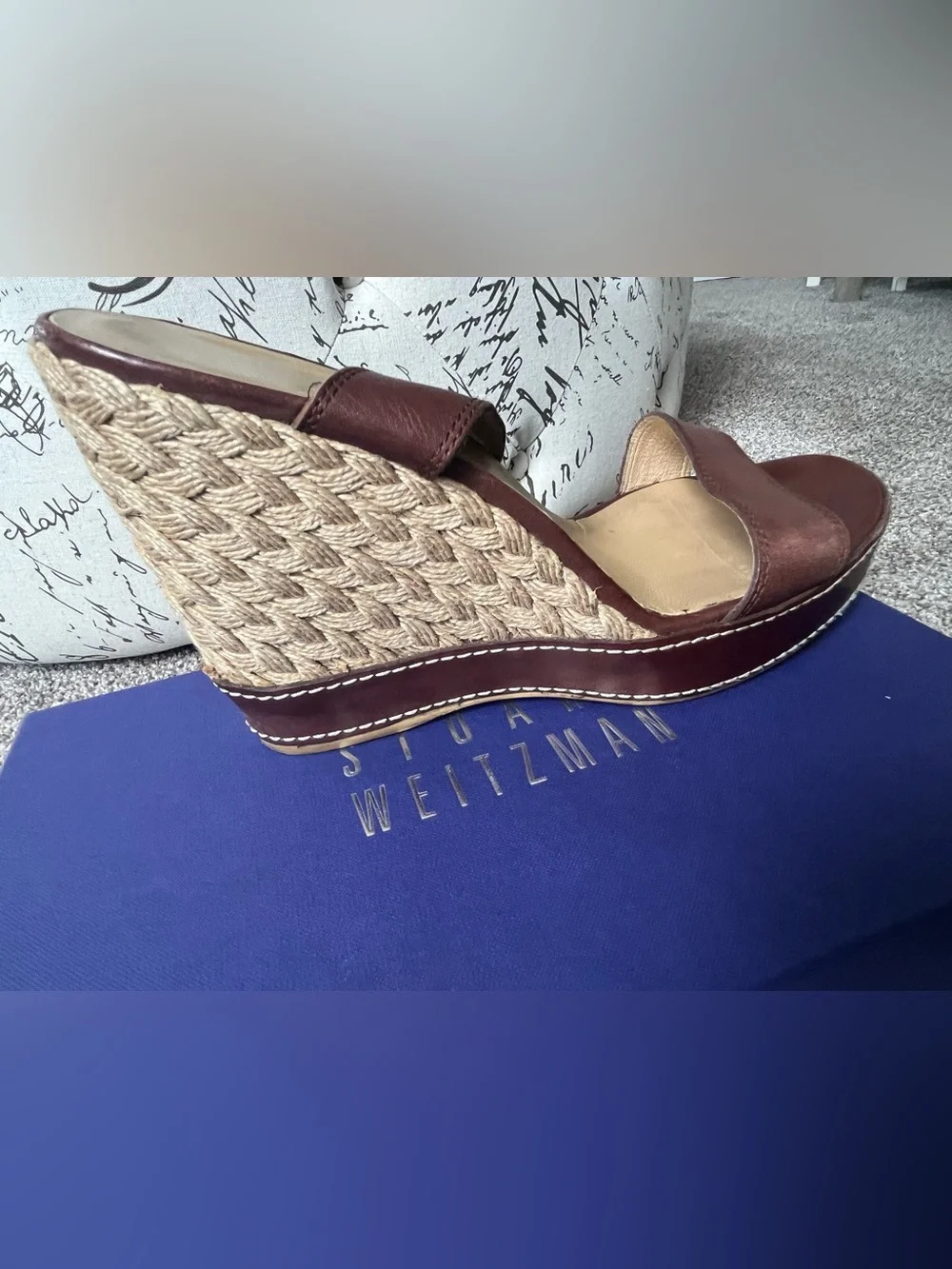 Stuart Weitzman Cognac Brown Leather Espadrille Wedge Sandals. Size 11 - Picture 8 of 16